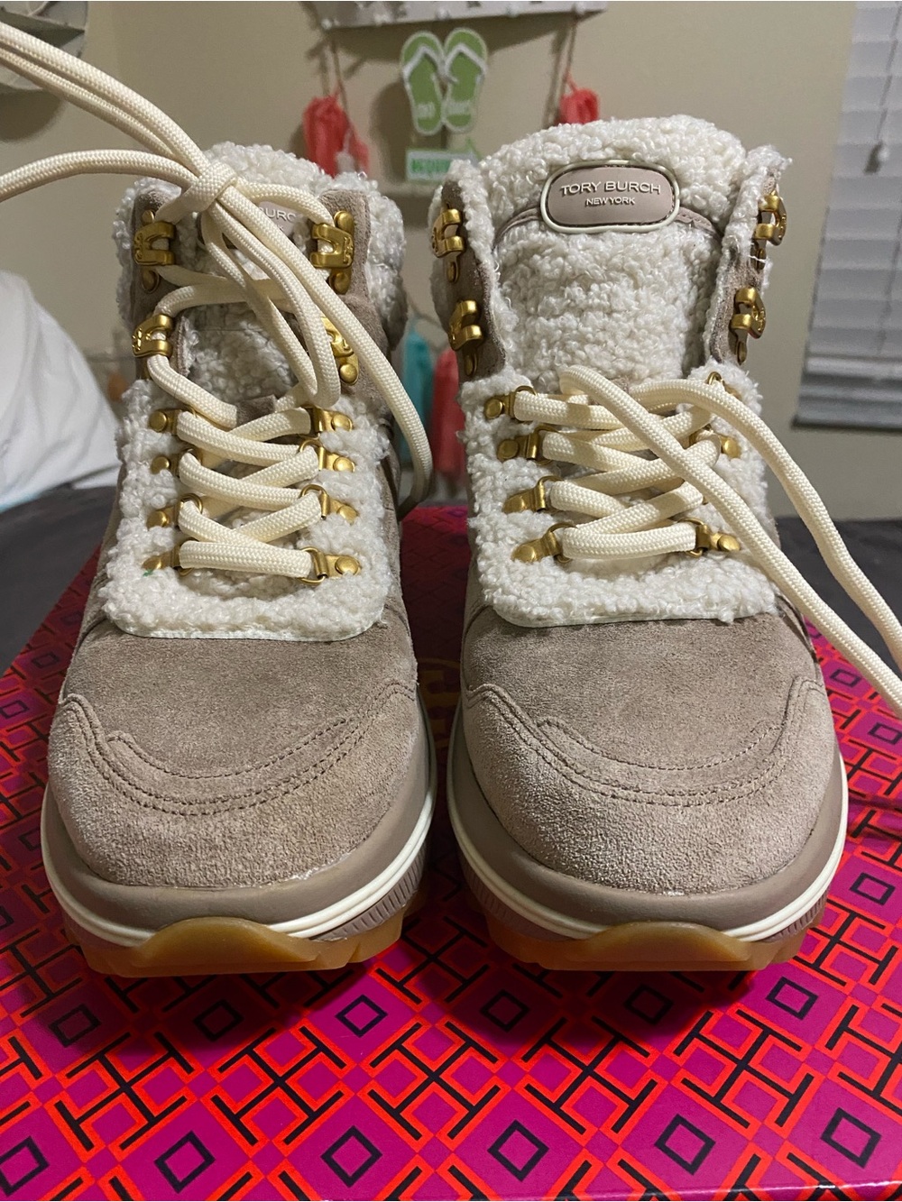 Tory Burch Beige and Cream Lace-Up Shearling Adventure Hiker